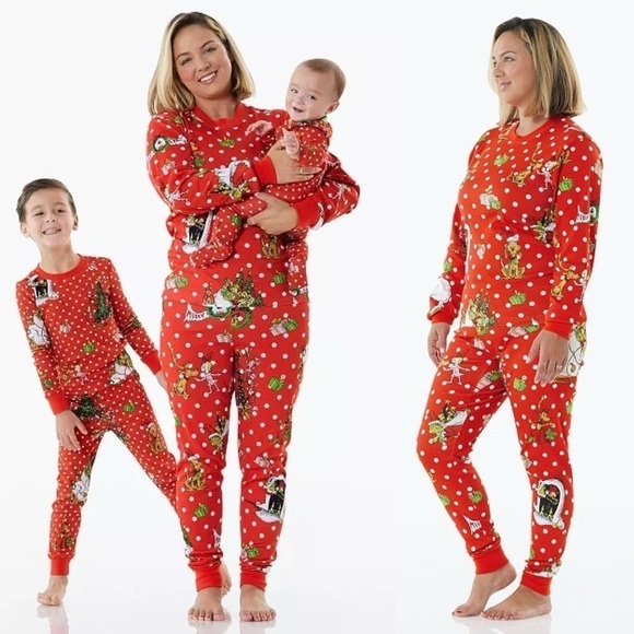 POTTERY BARN THE GRINCH POLKA DOT HOLIDAY FESTIVE ORGANIC COTTON PAJAMA PJ SET - Picture 1 of 15